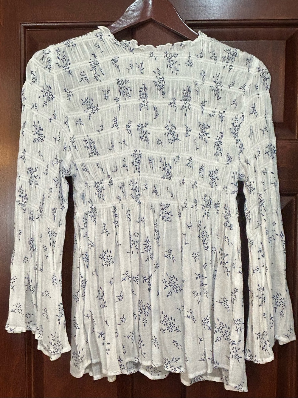 Adiva Smocked Floral Peplum Blouse Ruffle Neck Long Sleeve Size L